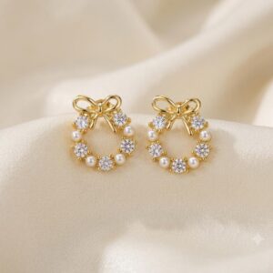 Crystal Bow Pearl Stud Earrings
