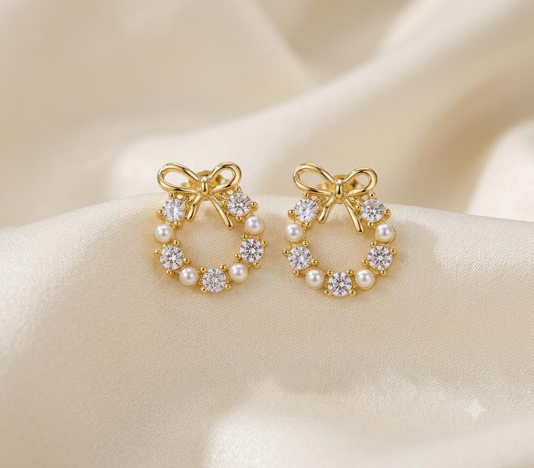 Crystal Bow Pearl Stud Earrings